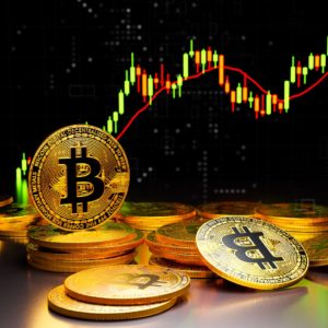 Bitcoin price chart with rising and falling trends, highlighting cryptocurrency market fluctuations